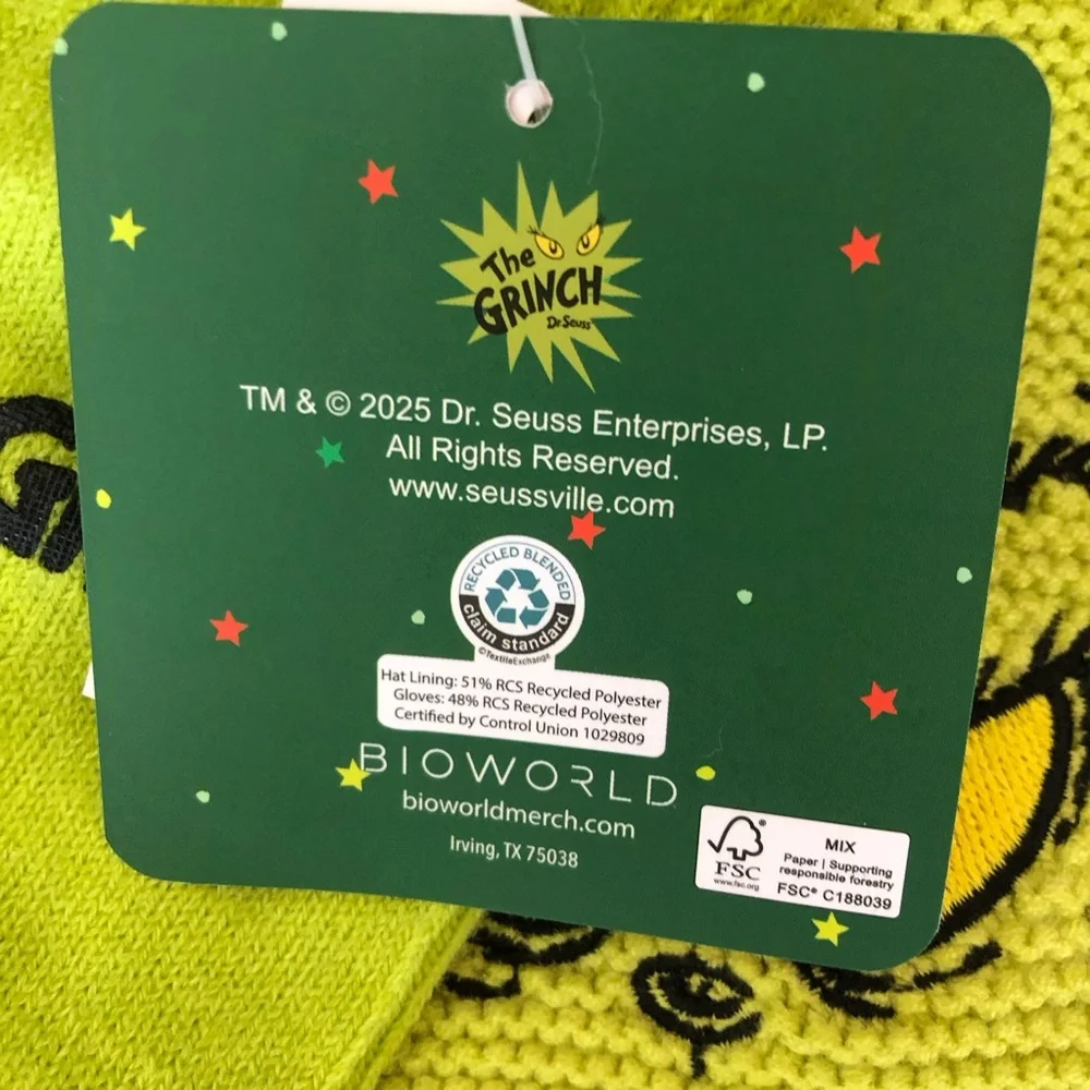 NWT Grinch Toddler Kids Beanie and Mittens Set - Green